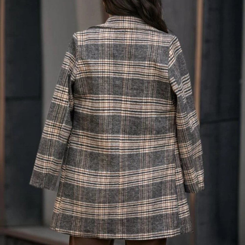 Plaid Print double breasted Pea Overcoat jacket fall winter - Picture 3 of 10